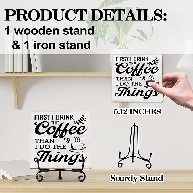 Coffee Bar Decor, Farmhouse Kitchen Table Decor, Coffee Station Accessories, Wooden Decorative Sign with Iron Stand for Table Desk Shelf Display-E20