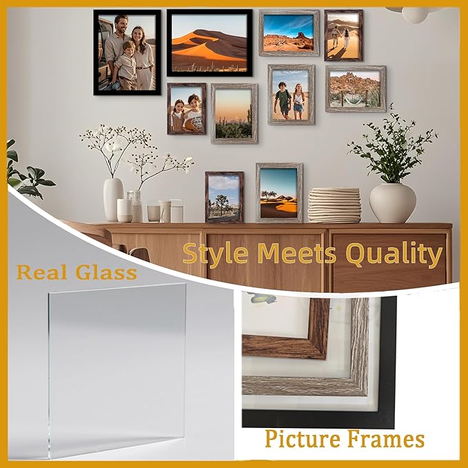 BESCRCL 15 Pack Real Glass Picture Frames Collage Wall Decor, Including 3pcs 8x10 Black, 6pcs 5x7 Light Brown, 6pcs 4x6 Brown, Photo Frames Set for Gallery Wall or Tabletop Display
