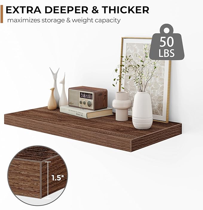 Fun Memories Floating Shelves - 2 Pack 12 Inch Deep Rustic Wooden Wall Shelves - Extra Deeper & Thicker Wall Mounted Storage Shelf for Living Room, Kitchen, Farmhouse - 24