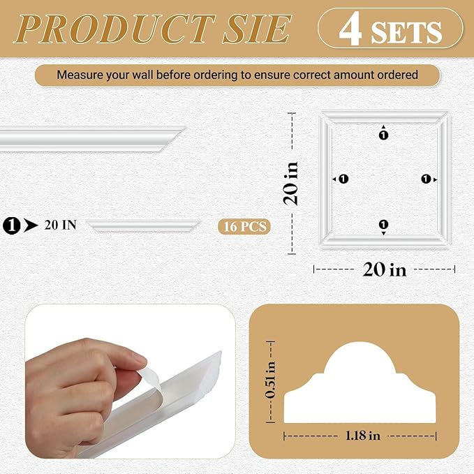 4 Set Peel and Stick Wall Molding Trim Kit, Premade Wainscoting Panels, White Pre Cut Wall Panels for Interior Wall Decor, DIY Home Decoration Picture Frame (20 x 20 Inch)