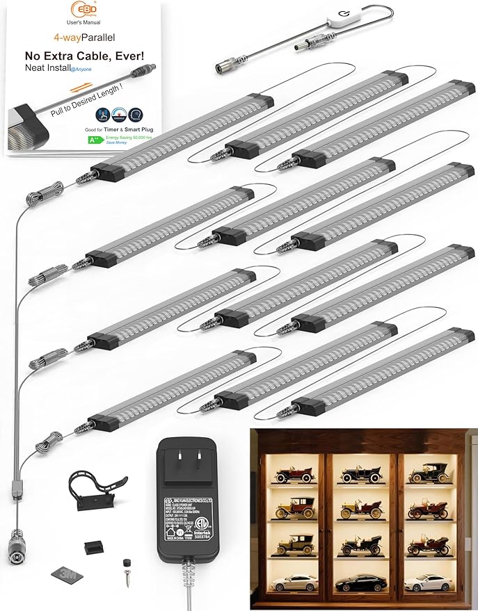 EBD LED Under Shelf Lights, 4-Way Splitter Light Bar, 12-Panel Cabinet Lighting, 4500K 5400Lm Counter Lights with Slack-Free Wiring, Maximized for Spacious 4-Layer Showcase, Bookcase & Storage Rack