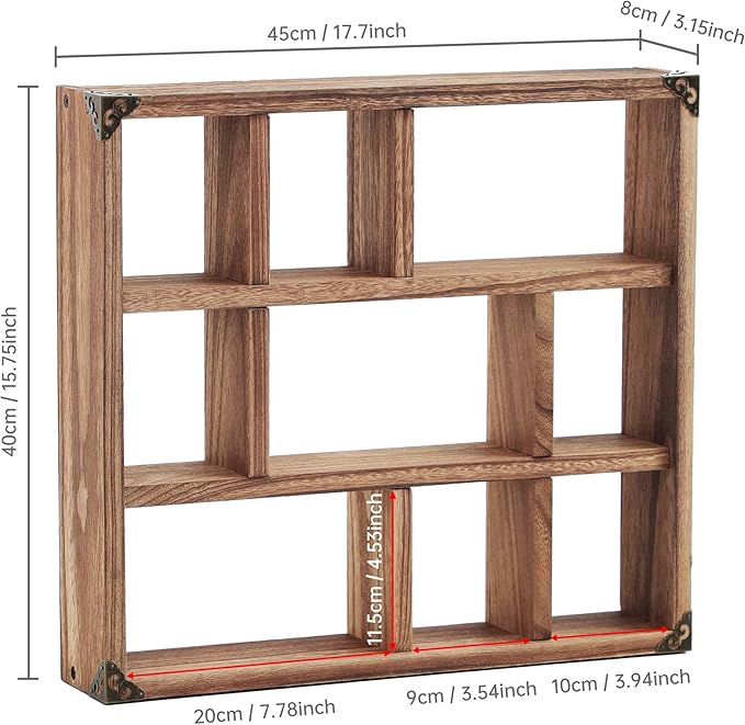 17.7x15.7-Inch Shadow Box Shelf 9-Slot Rustic Wood Floating Shelves Larger Shelf Lightweight Solid Wood Display(9C-Brown)