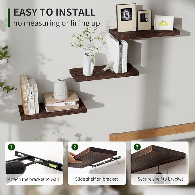 Marsmiles Wood Floating Shelves for Wall Set of 3, 17 Inch Wide Rustic Wooden Floating Shelves, Invisible Wall Mounted Display for Living Room Bedroom Kitchen Bathroom Office, Rustic Brown