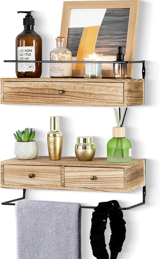Floating Shelves - Wall Mounted Bathroom Shelf Set of 2 with Drawers, Rustic Wood Shelves for Bedroom, Living Room, Kitchen, Wall Decor, Plants, Books (Brown)