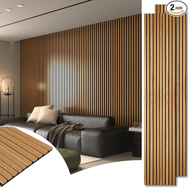 Art3d 2pcs-104 x 15.75in Slat Acoustic Panel for Wall and Ceiling, 3D Fluted Sound Absorbing Panel with Wood Finish, Teak