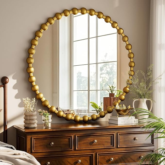 Round Mirror for Wall, 32 Inch Gold Beaded Frame Decorative Vanity Mirror, Circle Bathroom Mirror with High-Definition Lense, Modern Wall Decor for Bathroom, Living Room, Bedroom, Entryway