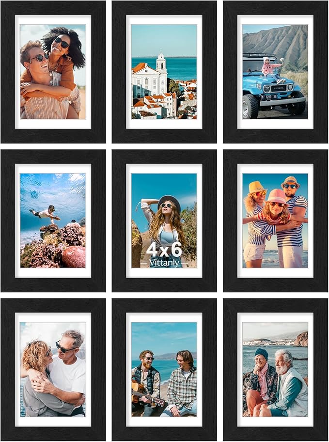 Vittanly 4x6 Picture Frames Set of 9, Shatter Resistant Plexiglass, Display 3.5x5 Pictures with Mat or 4x6 without Mat, Photo Frames for Wall or Tabletop, Engineered Wood, Black