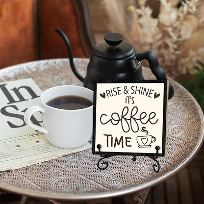 Coffee Desk Decor Sign, Coffee Time Sign With Stand For Farmhouse Home Kitchen Table, Wine Sign For Farmhouse Home Kitchen Bar Shelf Table, Gifts For Family Friend Coworker-09