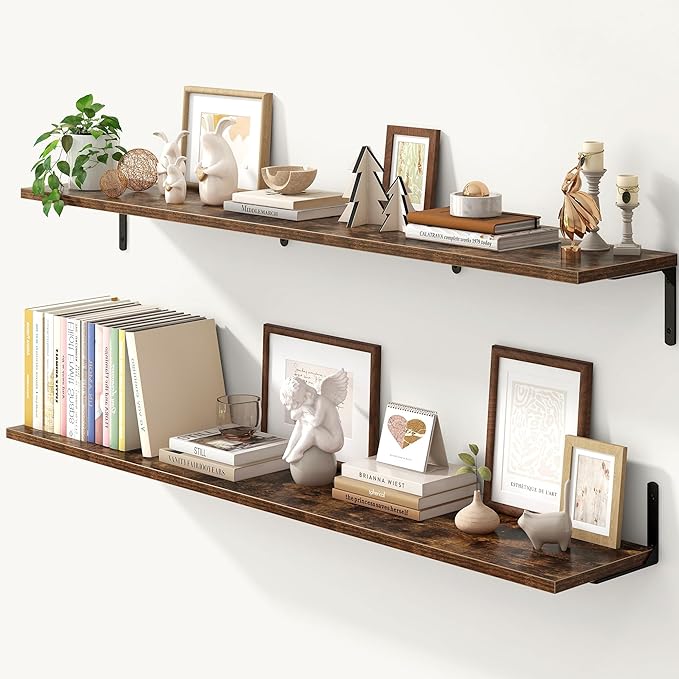 Fun Memories Deep Floating Shelves, 55W x 8D Floating Shelves Set of 2, Wall Mounted Shelf with Metal Brackets, Rustic Wood Wall Shelf for Bathroom, Kitchen and Living Room, Rustic Brown
