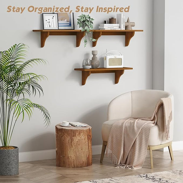 Forbena Wooden Floating Shelves for Wall Set of 3, 24 Inch Wall Shelf for Bedroom, Dark Wood Arched Hanging Wall Shelves for Bedroom, Living Room, Office, Nursery, Dining Room (Walnut Brown)