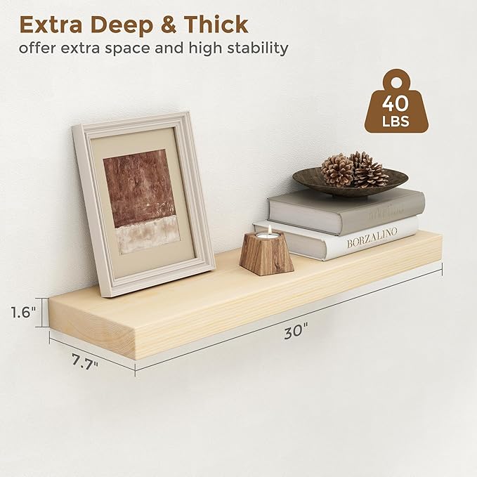 Marsmiles 30 Inch Floating Shelves for Wall - Natural Unfinished Wood Floating Shelves Set of 2-30 Inch Wide x 7.7 Inch Deep x 1.6 Inch Thick Wooden Shelves for Room Wall