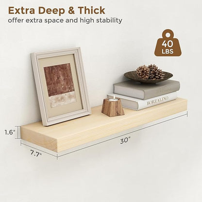 Marsmiles 30 Inch Floating Shelves for Wall - Natural Unfinished Wood Floating Shelves Set of 2-30 Inch Wide x 7.7 Inch Deep x 1.6 Inch Thick Wooden Shelves for Room Wall