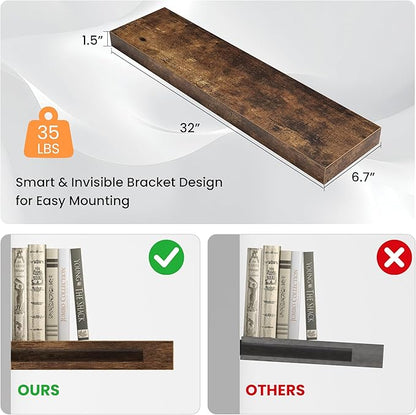 Floating Shelves for Wall, 31.5"W x 6.7"D x 1.5"H, Wooden Wall Mounted Display Shelf with Invisible Brackets for Living Room, Bedroom, Bathroom, Kitchen Decor & Storage, Set of 2, Rustic Brown