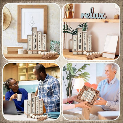 4 Pcs Christian Table Decor Wooden Book Stack Decor with God All Things are Possible Farmhouse Centerpiece with Beaded Garland Tassel Christian Home Decorations for Office, Shelf, Gift