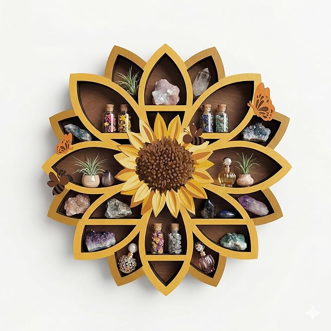 Sunflower Gifts for Women, Sunflower Decor Wooden Wall Floating Shelves with Lifelike Flower & Bee Accents, Trinket Crystal Display Shelf Boho Decor for Home Bedroom Living Room, Birthday Gift for Her