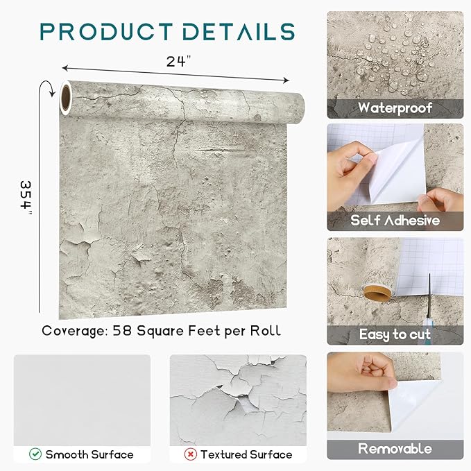 VEELIKE Cracked Beige Concrete Wallpaper Peel and Stick Raw Concrete Industrial Wallpaper for Bedroom Living Room Accent Wall 24''x354'' Renter Friendly Self Adhesive Cement Wall Paper for Bathroom