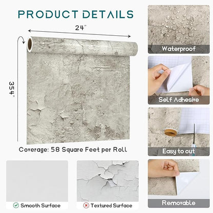 VEELIKE Cracked Beige Concrete Wallpaper Peel and Stick Raw Concrete Industrial Wallpaper for Bedroom Living Room Accent Wall 24''x354'' Renter Friendly Self Adhesive Cement Wall Paper for Bathroom