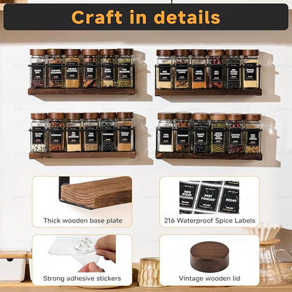4-Tier Wall Mount Spice Rack Organizer with 24 Glass Jars, 216 Labels & Funnel - Screw/Adhesive Mount, Black Metal & Wood Spice Storage for Kitchen Pantry Cabinet, 11.6”L x 2.4”W x 3.2”H