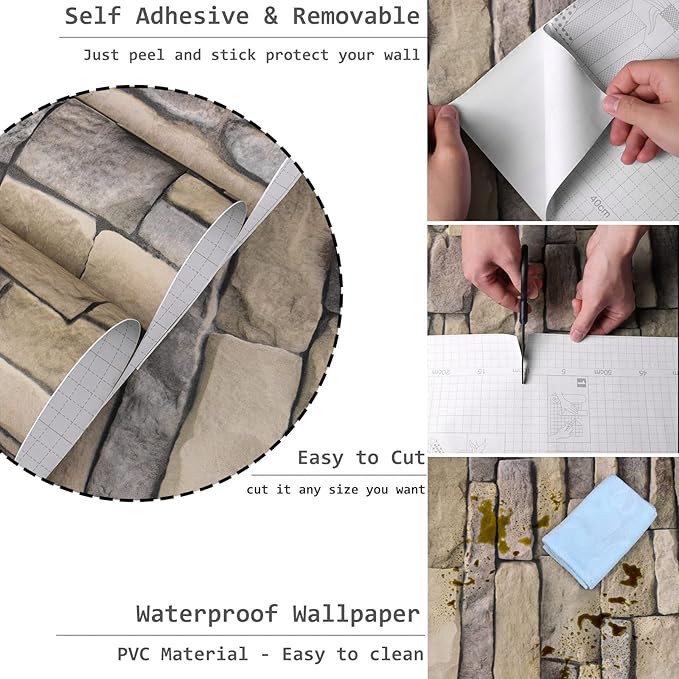 Abyssaly Stone Wallpaper Brick Wallpaper Peel and Stick Stone Backsplash Self-Adhesive Removable Vinyl Wraps Grey Faux Brick Shelf Paper 17.71