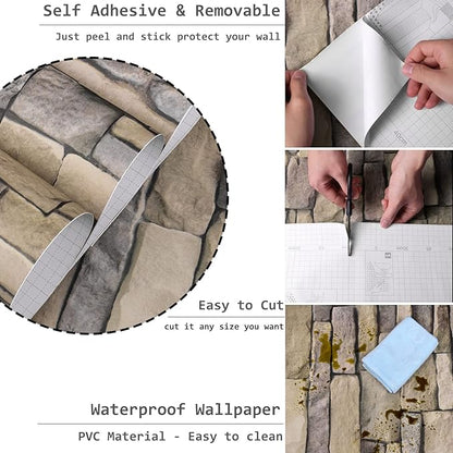 Abyssaly Stone Wallpaper Brick Wallpaper Peel and Stick Stone Backsplash Self-Adhesive Removable Vinyl Wraps Grey Faux Brick Shelf Paper 17.71" X 118" Home Decorations Contact Paper