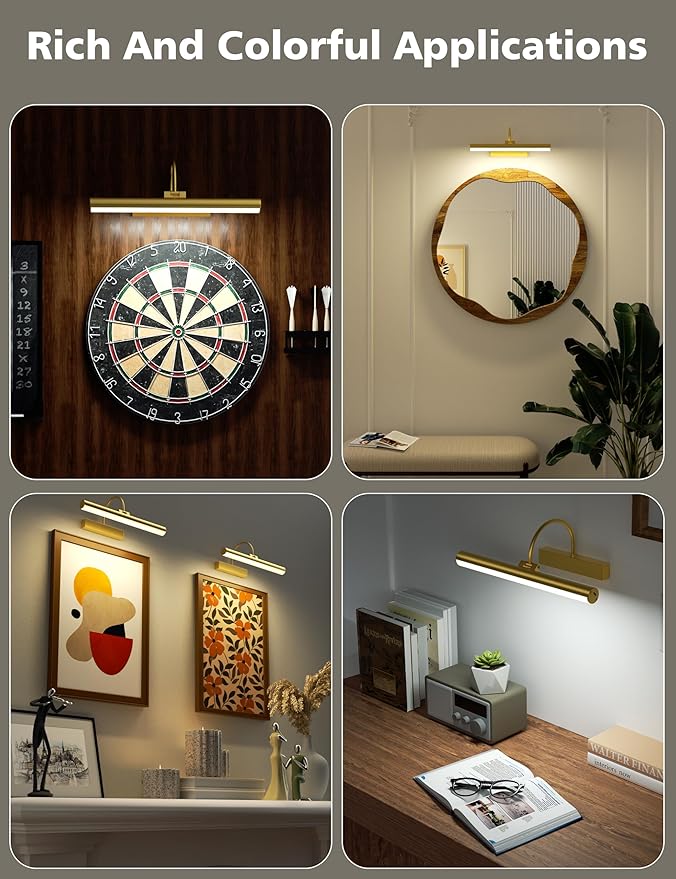 VOLISUN Picture Lights for Wall, 13 inch Rechargable Picture Light Battery Operated, 3 Color Temperatures Cordless Picture Light with Remote, Art Light for Paintings, Gallery, Portrait, 1 Pack (Gold)