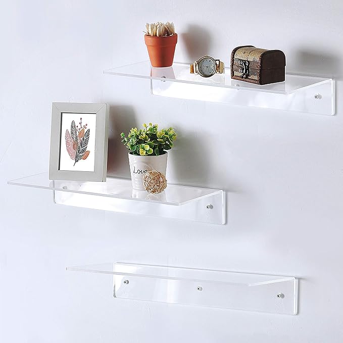 MyGift 17-Inch Clear Acrylic Floating Shelves - Wall Mounted Modern Crystal Display Shelf Racks, Set of 3