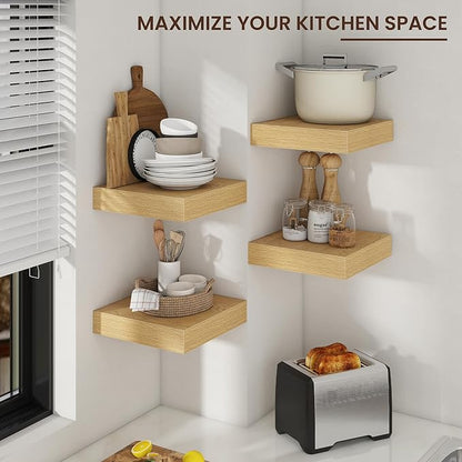 Square Floating Shelves for Wall, 12" W x 12" D x 2" H, 2 Pack of Small Wall Mounted Engineered Wood Shelves with Invisible Brackets for Living Room, Bedroom, Bathroom, Kitchen Decor, Oak
