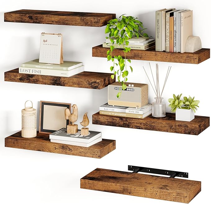 Fixwal 15.8in Floating Shelves, Set of 6 Wood Shelves, Farmhouse Shelf Wall Decor for Bathroom, Bedroom, Living and Kitchen Room (Rustic Brown)