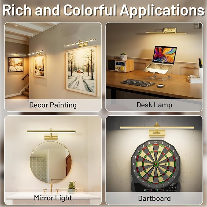 AIFEI Wireless Picture Lights for Wall Battery Operated, 8000mAh Long-Last Lights for Pictures on Wall, Remote & Touch, 3 Color Dimmable No Wiring Needed Art Light for Paintings Poster, 23.6" Brass