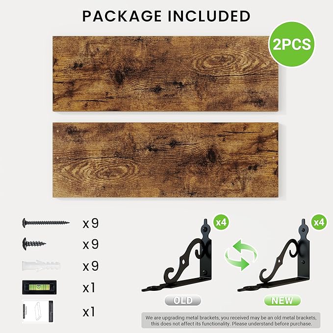 RICHFOCUS Floating Shelves for Wall Decor, 24Inch Shelves Set of 2, 24W x 8D Floating Shelves Wall Mounted with Metal Brackets, Rustic Wood Shelves for Living Room Bedroom Kitchen, Rustic Brown