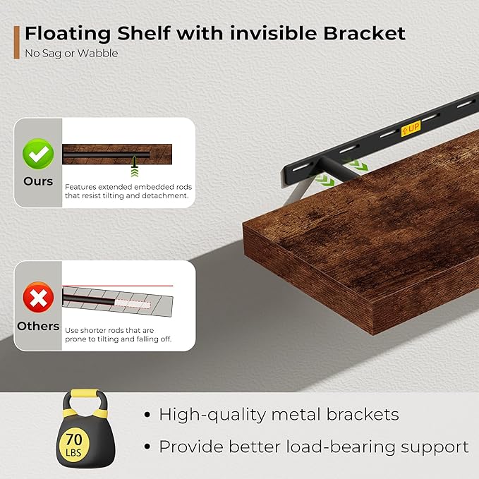 Fun Memories 72 Inch Floating Shelves for Wall, Fireplace Mantel Shelf with Invisible Heavy Duty Bracket, 8 Inch Deep Storage Shelf for Living Room, Kitchen, Farmhouse, Brown