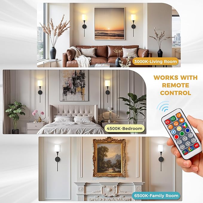 DORESshop Battery Operated Wall Sconce Set of 2, Wireless Wall Light Easy to Install, 10 Color, Sconce Wall Decor Set of 2 for Bedroom, Living Room, Black and Milky White Glass Shade, 24.3in