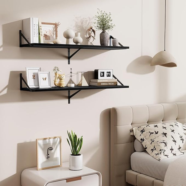 Floating Shelves for Wall,40" Wall Mounted Shelves Set of 2,Long Wood Floating Shelves,Hanging Wide Display & Storage Shelf with Metal Brackets for Bathroom,Bedroom,Kitchen,Living Room,Black