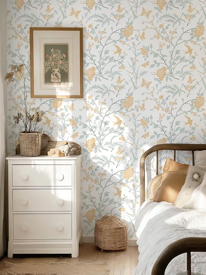 Yellow Wallpaper Floral Peel and Stick Wallpaper Boho Light Blue and Yellow Wall Paper Bird Botanical Contact Paper for Cabinets Renter Friendly Self-Adhesive Bathroom Bedroom 78.7"×17.3"