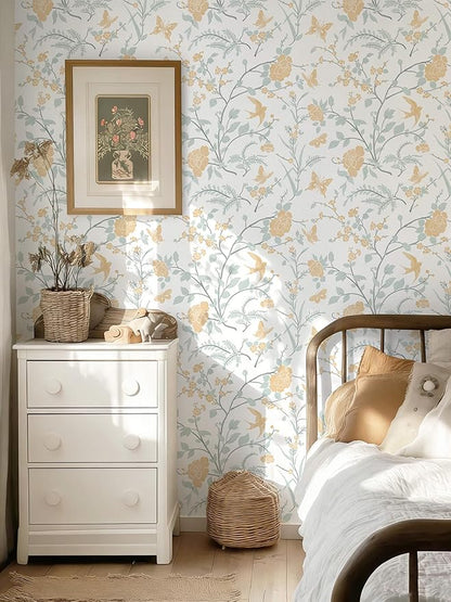 Yellow Wallpaper Floral Peel and Stick Wallpaper Boho Light Blue and Yellow Wall Paper Bird Botanical Contact Paper for Cabinets Renter Friendly Self-Adhesive Bathroom Bedroom 78.7"×17.3"