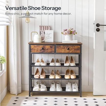 HOOBRO Shoe Rack, 4 Tier Shoe Storage Organizer with 2 Non-Woven Drawers, 9-12 Pairs of Shoes for Entryway, Shoe Shelf with 3 Oxford Fabric Shelves and Wooden Top, Closet, Rustic Brown BF77XJ01