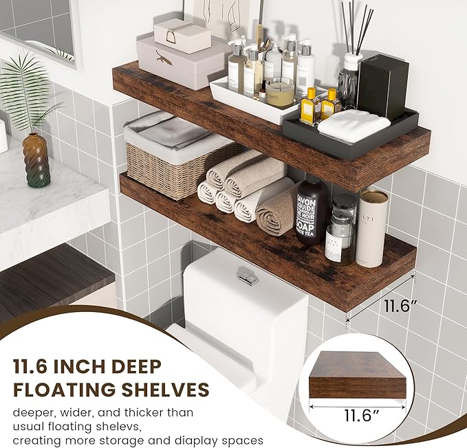 Deep Floating Shelves | 36 Inch Brown Floating Shelves Set of 2 | 12 Inch Deep Rustic Wood Shelves for Wall | 36