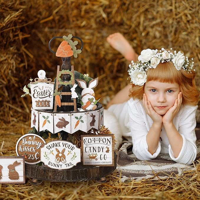 Amyhill 14 Pcs Easter Tiered Tray Decor Set Farmhouse Bunny Carrot Wooden Signs Rustic Spring Tiered Tray Decor Easter Table Decorations for Home Kitchen Coffee Bar Shelf