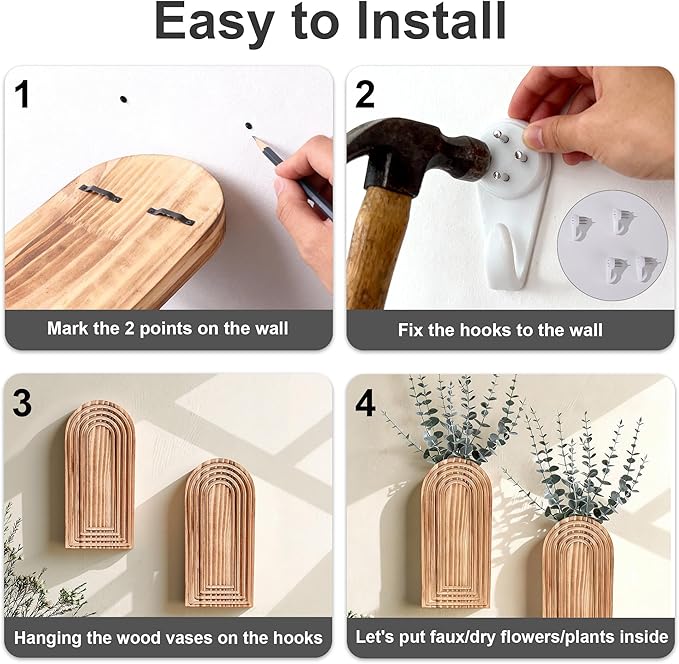 DREAMLOOM 2 Pack Wooden Wall Vases with Eucalyptus Artificial Plants, Wall Hanging Planters Boho Modern Farmhouse Indoor for Narrow Spaces Entryway Bathroom Home Office Decoration, White