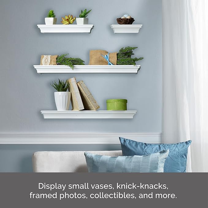 MELANNCO Floating Wall Shelves Set of 4, White Wood Display Shelves for Wall, Includes 6, 12, 20 and 24 Inch Sizes with Raised Edges and Mounting Hardware for Room Decor, Home Decor