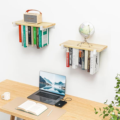 2 Set of Floating Bookshelf with White Shelf Brackets, Pine Wood Invisible Bookshelf, Hanging Bookshelves for Wall, Unique Space Saving Wall Bookcase, White(16.5L×8.7W×1.5H)