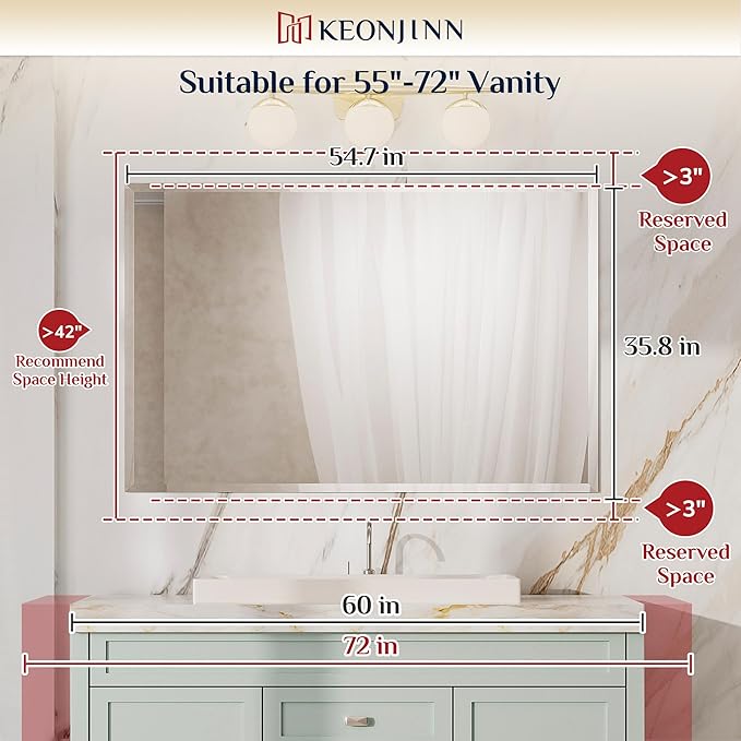 Keonjinn Beveled Bathroom Mirror 55” x 36“, Rectangle Mirrors for Bathroom Sink, Large Wall Mirror,Shatterproof, Modern Decorative for Living Room, Entryway, Bedroom, Horizontal/Vertical