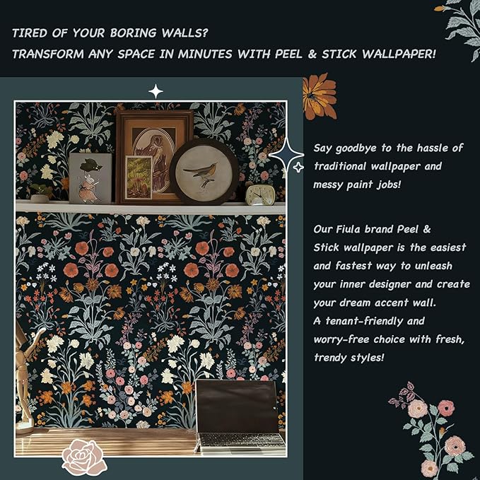 Floral Peel and Stick Wallpaper Vintage Wallpaper Dark Blue Wall Paper Wildflower Contact Paper for Cabinets Vinyl Renter Friendly Waterproof Self-Adhesive Bathroom Kitchen Bedroom 78.7