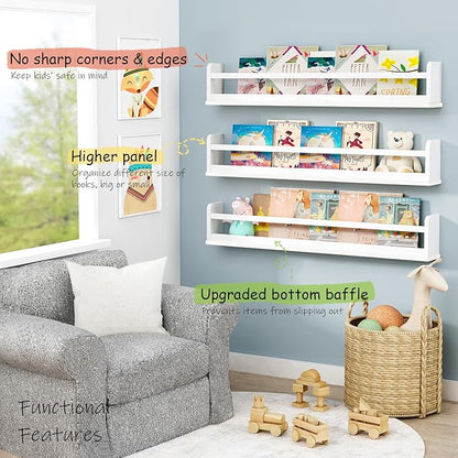 White Toddler Wall Bookshelf for Kids Room, 36 Inch Long Floating Nursery Book Shelves for Wall, Wide Hanging Bookshelves for Baby Girl Boy Childrens Kid Bedoom Playroom -Set of 3