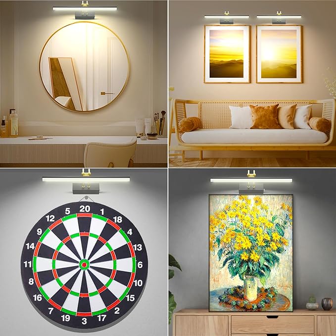 Picture Light,Picture Lights for Wall Cordless,16" Picture Lights with Timer and Dimmable,Battery Wall Lights for Display Gallery Painting Art Frame Portrait-BK+GD