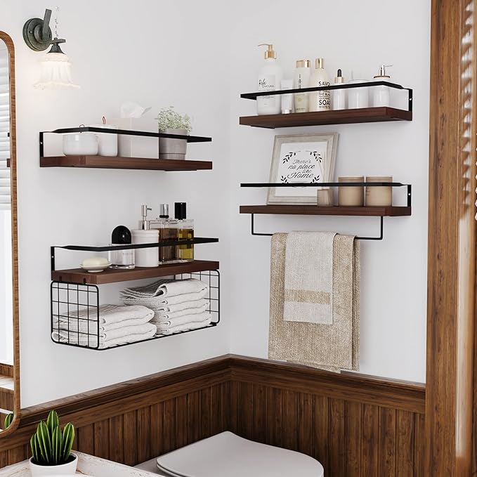 Wood Floating Shelves Wall Mounted - 4+1 Tier Rustic Bathroom Wall Shelves Over Toilet with Wire Storage Basket and Towel Bar, Set of 4 Farmhouse Floating Shelf for Bathroom, Kitchen, Bedroom.