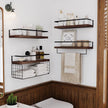 Wood Floating Shelves Wall Mounted - 4+1 Tier Rustic Bathroom Wall Shelves Over Toilet with Wire Storage Basket and Towel Bar, Set of 4 Farmhouse Floating Shelf for Bathroom, Kitchen, Bedroom.