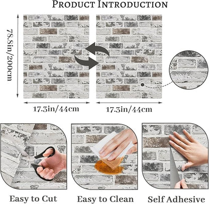 Brick Wallpaper Peel and Stick Wallpaper 17.3"x78.8" Grey and White 3D Brick Wallpapers Self Adhesive Vintage Wall Paper Removable Textured Contact Paper for Fireplace Kitchen Home Decoration Vinyl