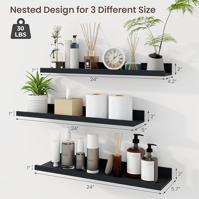 Axeman Picture Ledge Shelf | 24 Inch Black Floating Shelves Set of 3 | Rustic Wood Wall Shelves with Lip | 24