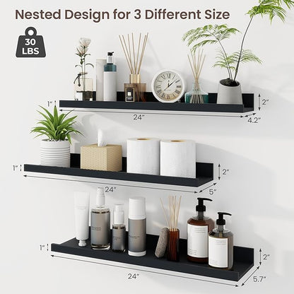 Axeman Picture Ledge Shelf | 24 Inch Black Floating Shelves Set of 3 | Rustic Wood Wall Shelves with Lip | 24" Black Picture Shelf for Wall with Ledge | Photo Shelves